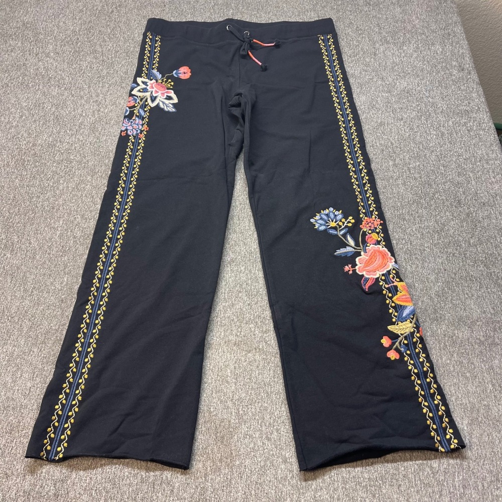 Paparazzi Womens XL Black Floral Embroidered Wide Leg Lounge Pants Drawstring